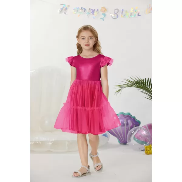 GRACE KARIN Girls Metallic Dress Double Ruffle Sleeve Party Shiny Sparkle Mesh Dress Size 512Hot Pink