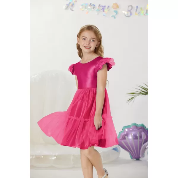 GRACE KARIN Girls Metallic Dress Double Ruffle Sleeve Party Shiny Sparkle Mesh Dress Size 512Hot Pink