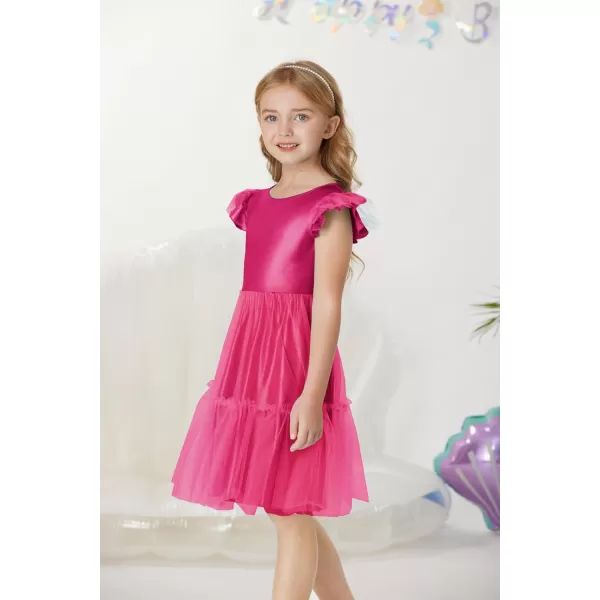 GRACE KARIN Girls Metallic Dress Double Ruffle Sleeve Party Shiny Sparkle Mesh Dress Size 512Hot Pink