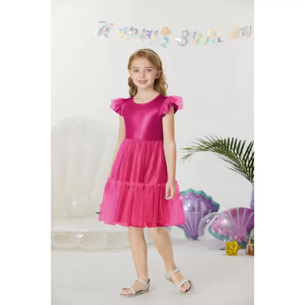 GRACE KARIN Girls Metallic Dress Double Ruffle Sleeve Party Shiny Sparkle Mesh Dress Size 512Hot Pink