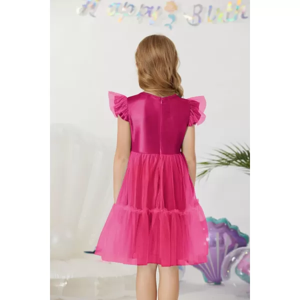 GRACE KARIN Girls Metallic Dress Double Ruffle Sleeve Party Shiny Sparkle Mesh Dress Size 512Hot Pink