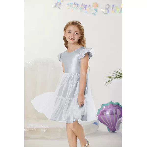 GRACE KARIN Girls Metallic Dress Double Ruffle Sleeve Party Shiny Sparkle Mesh Dress Size 512Silver