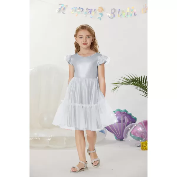 GRACE KARIN Girls Metallic Dress Double Ruffle Sleeve Party Shiny Sparkle Mesh Dress Size 512Silver