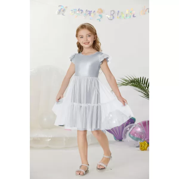 GRACE KARIN Girls Metallic Dress Double Ruffle Sleeve Party Shiny Sparkle Mesh Dress Size 512Silver