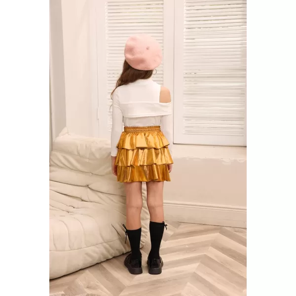 GRACE KARIN Girls Metallic Skirt 3Layer Ruffle Skirt for Girls 514YBright Gold