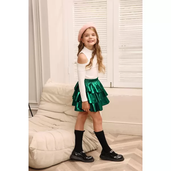 GRACE KARIN Girls Metallic Skirt 3Layer Ruffle Skirt for Girls 514YGreen