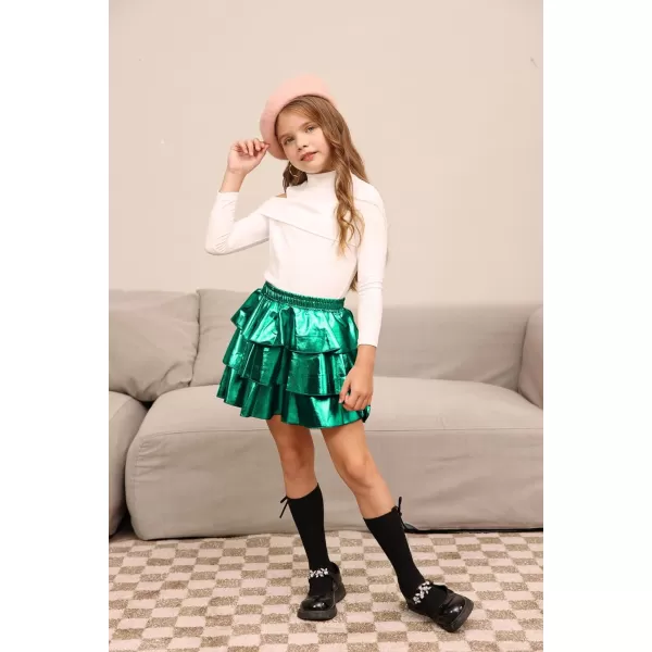 GRACE KARIN Girls Metallic Skirt 3Layer Ruffle Skirt for Girls 514YGreen