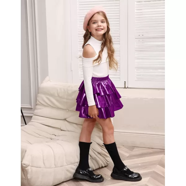 GRACE KARIN Girls Metallic Skirt 3Layer Ruffle Skirt for Girls 514YPurple