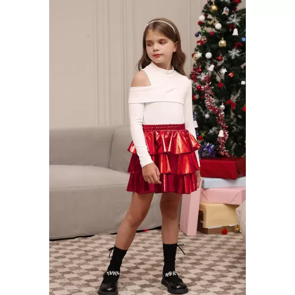 GRACE KARIN Girls Metallic Skirt 3Layer Ruffle Skirt for Girls 514YRed