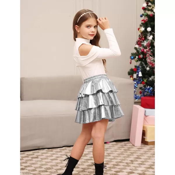 GRACE KARIN Girls Metallic Skirt 3Layer Ruffle Skirt for Girls 514YSilver