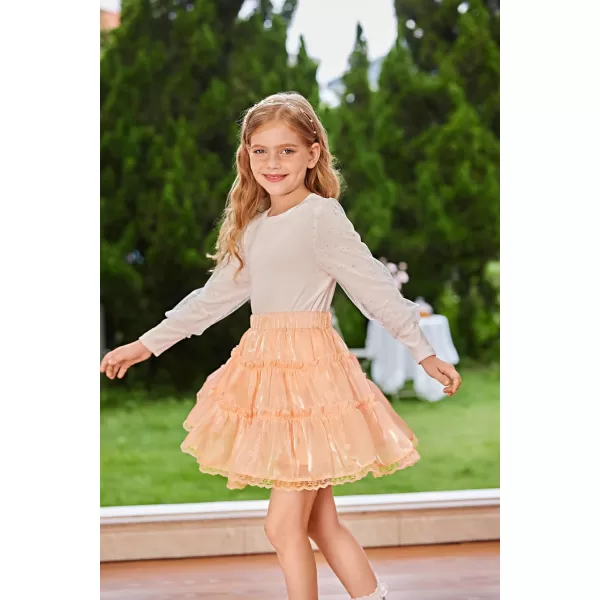 GRACE KARIN Girls Metallic Skirt Shiny Ruffle Tiered Flared Mini Skirts 612YApricot