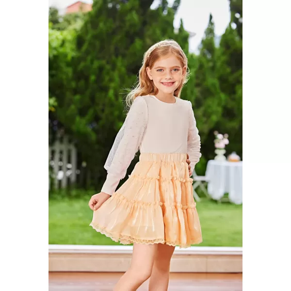 GRACE KARIN Girls Metallic Skirt Shiny Ruffle Tiered Flared Mini Skirts 612YApricot