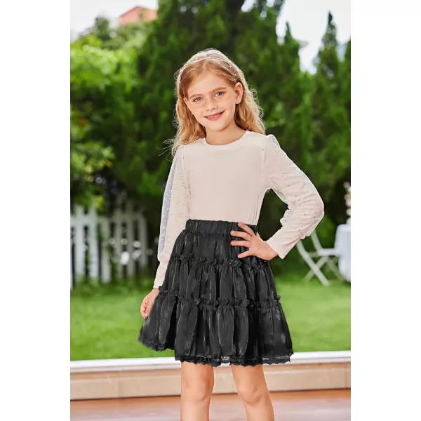 GRACE KARIN Girls Metallic Skirt Shiny Ruffle Tiered Flared Mini Skirts 612YBlack