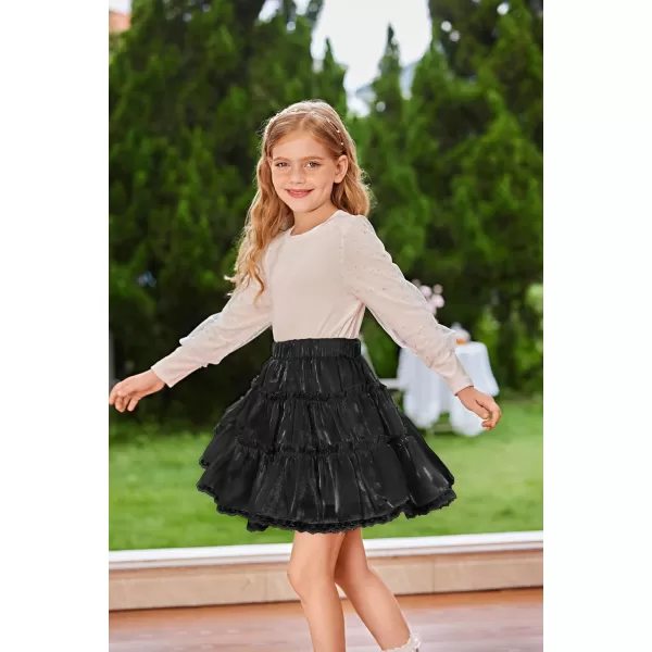 GRACE KARIN Girls Metallic Skirt Shiny Ruffle Tiered Flared Mini Skirts 612YBlack