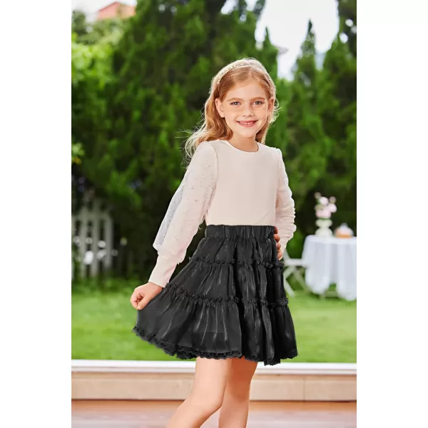 GRACE KARIN Girls Metallic Skirt Shiny Ruffle Tiered Flared Mini Skirts 612YBlack