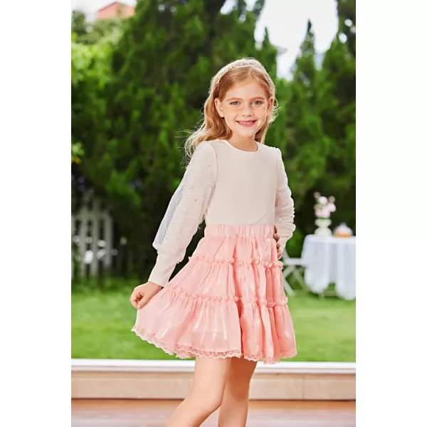 GRACE KARIN Girls Metallic Skirt Shiny Ruffle Tiered Flared Mini Skirts 612YLight Pink