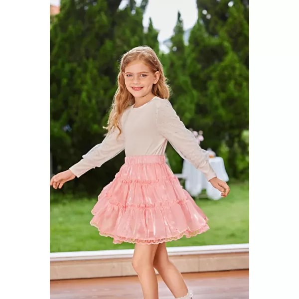 GRACE KARIN Girls Metallic Skirt Shiny Ruffle Tiered Flared Mini Skirts 612YLight Pink