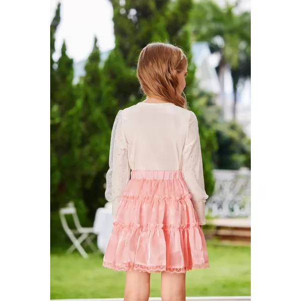 GRACE KARIN Girls Metallic Skirt Shiny Ruffle Tiered Flared Mini Skirts 612YLight Pink