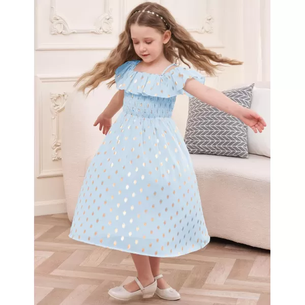 GRACE KARIN Girls Off Shoulder Dress Sleeveless Ruffle Spaghetti Straps Smocked ALine Chiffon Dress 512YLight Blue