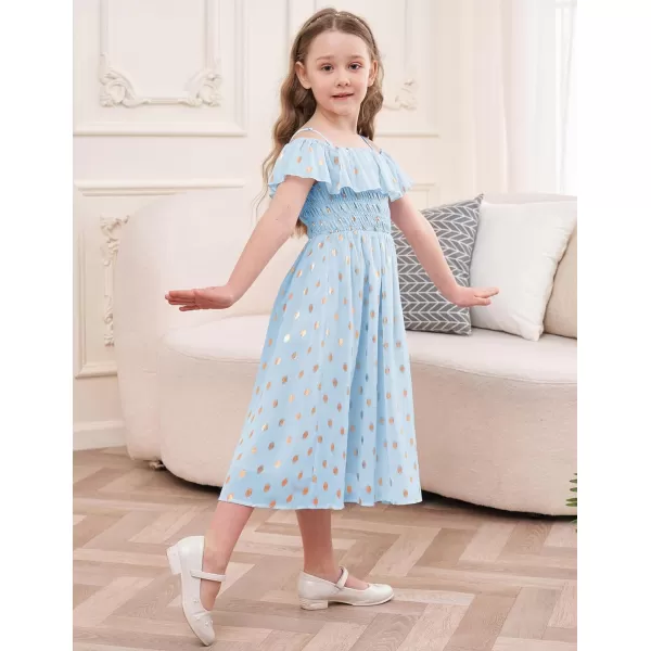 GRACE KARIN Girls Off Shoulder Dress Sleeveless Ruffle Spaghetti Straps Smocked ALine Chiffon Dress 512YLight Blue