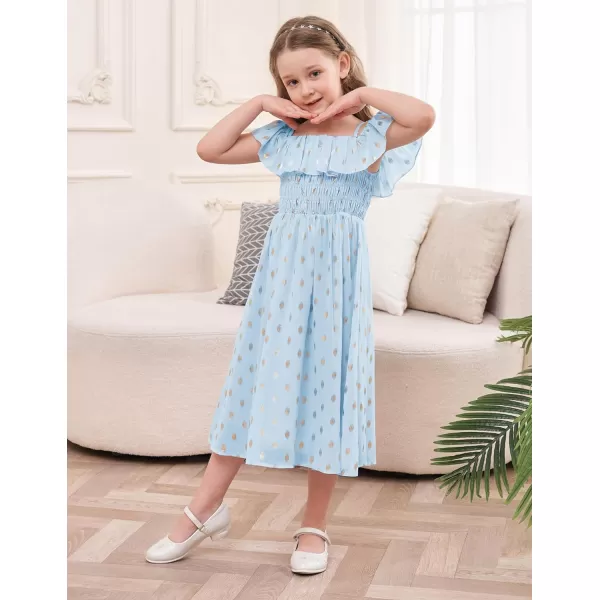 GRACE KARIN Girls Off Shoulder Dress Sleeveless Ruffle Spaghetti Straps Smocked ALine Chiffon Dress 512YLight Blue