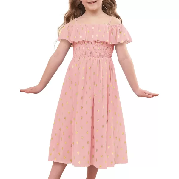 GRACE KARIN Girls Off Shoulder Dress Sleeveless Ruffle Spaghetti Straps Smocked ALine Chiffon Dress 512YLight Pink