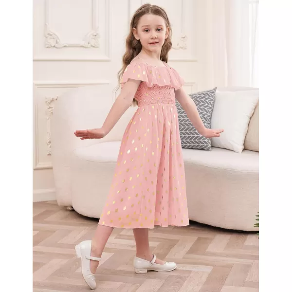 GRACE KARIN Girls Off Shoulder Dress Sleeveless Ruffle Spaghetti Straps Smocked ALine Chiffon Dress 512YLight Pink