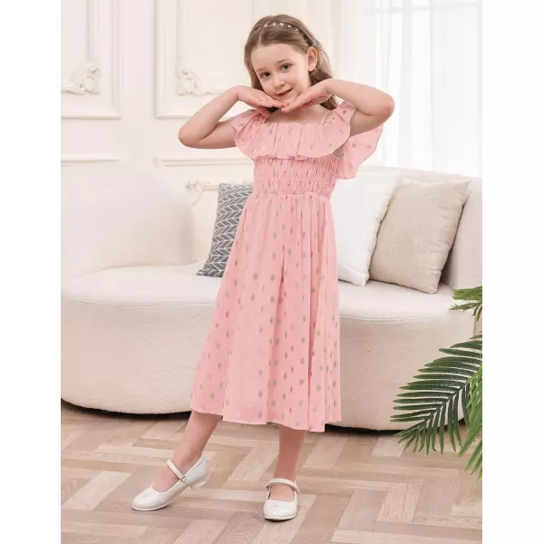 GRACE KARIN Girls Off Shoulder Dress Sleeveless Ruffle Spaghetti Straps Smocked ALine Chiffon Dress 512YLight Pink