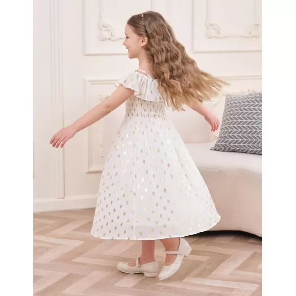 GRACE KARIN Girls Off Shoulder Dress Sleeveless Ruffle Spaghetti Straps Smocked ALine Chiffon Dress 512YWhite