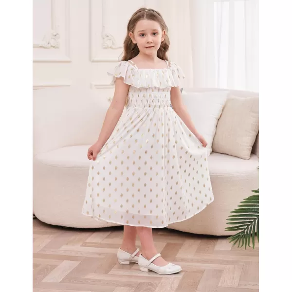 GRACE KARIN Girls Off Shoulder Dress Sleeveless Ruffle Spaghetti Straps Smocked ALine Chiffon Dress 512YWhite