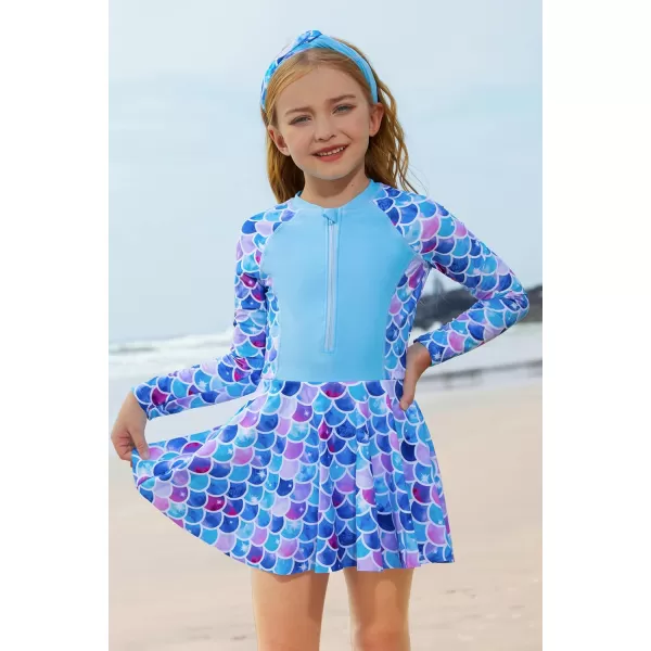 GRACE KARIN Girls One Piece Swimsuit Girls Long Sleeve Rash Guard Bathing Suit for 512YBlue Mermaid