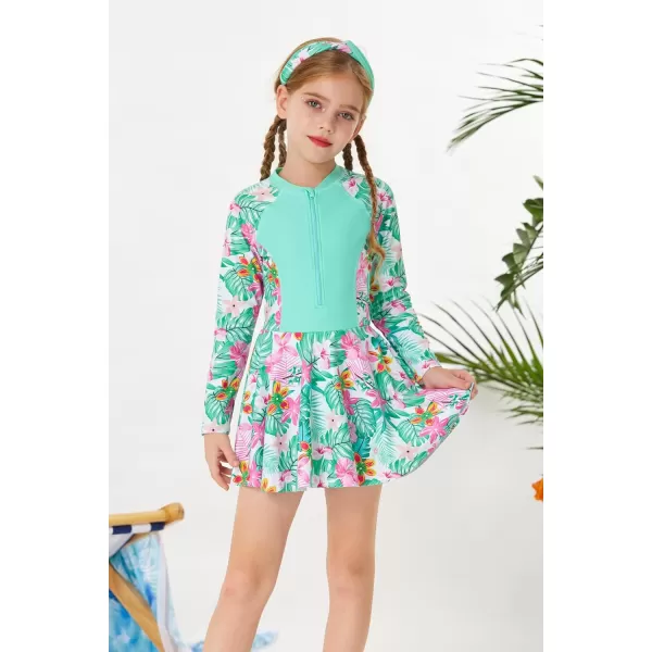 GRACE KARIN Girls One Piece Swimsuit Girls Long Sleeve Rash Guard Bathing Suit for 512YGreen Flower