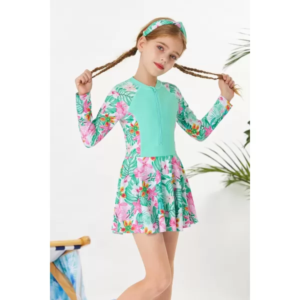 GRACE KARIN Girls One Piece Swimsuit Girls Long Sleeve Rash Guard Bathing Suit for 512YGreen Flower