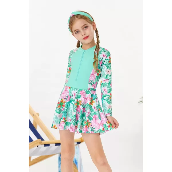 GRACE KARIN Girls One Piece Swimsuit Girls Long Sleeve Rash Guard Bathing Suit for 512YGreen Flower