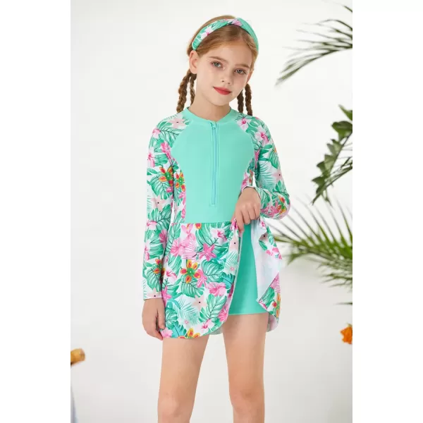 GRACE KARIN Girls One Piece Swimsuit Girls Long Sleeve Rash Guard Bathing Suit for 512YGreen Flower