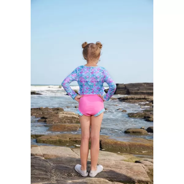 GRACE KARIN Girls One Piece Swimsuit Long Sleeve Rash Guard with Ruffled Zip Up Girls Bathing Suit with Sun Protection 512YBlue Pink Mermaid