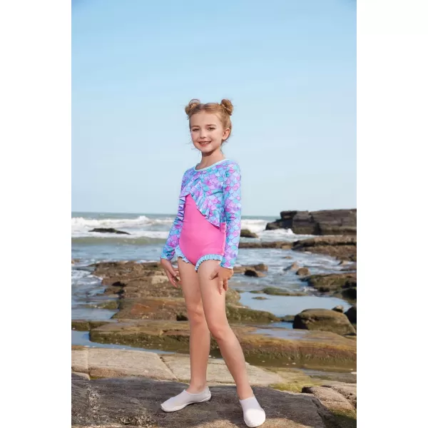 GRACE KARIN Girls One Piece Swimsuit Long Sleeve Rash Guard with Ruffled Zip Up Girls Bathing Suit with Sun Protection 512YBlue Pink Mermaid