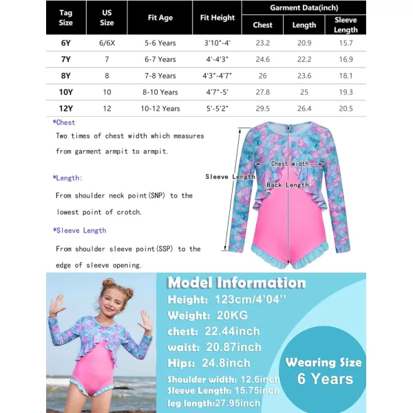 GRACE KARIN Girls One Piece Swimsuit Long Sleeve Rash Guard with Ruffled Zip Up Girls Bathing Suit with Sun Protection 512YBlue Pink Mermaid