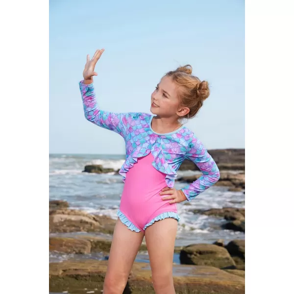 GRACE KARIN Girls One Piece Swimsuit Long Sleeve Rash Guard with Ruffled Zip Up Girls Bathing Suit with Sun Protection 512YBlue Pink Mermaid