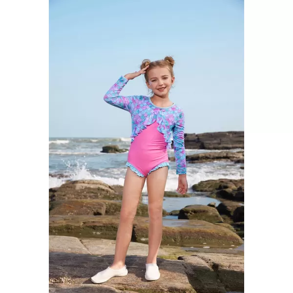 GRACE KARIN Girls One Piece Swimsuit Long Sleeve Rash Guard with Ruffled Zip Up Girls Bathing Suit with Sun Protection 512YBlue Pink Mermaid