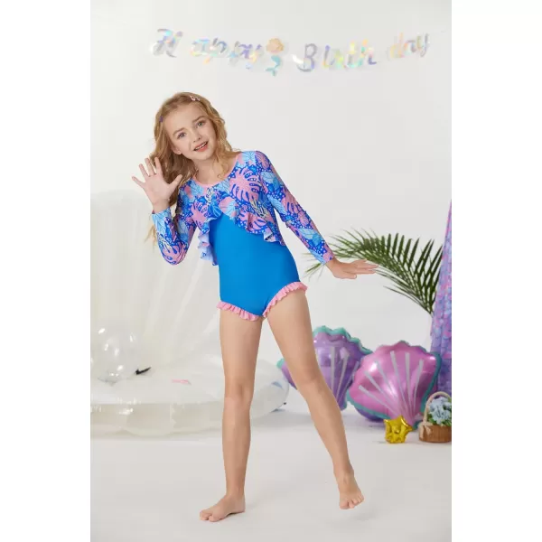 GRACE KARIN Girls One Piece Swimsuit Long Sleeve Rash Guard with Ruffled Zip Up Girls Bathing Suit with Sun Protection 512YBluepink Leaf