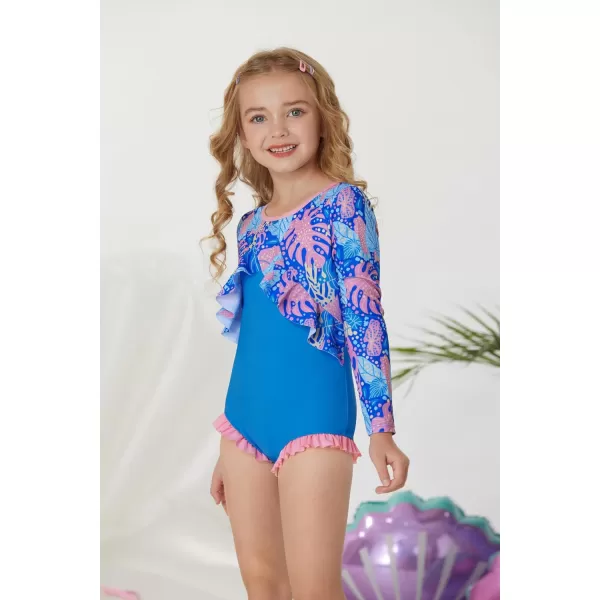 GRACE KARIN Girls One Piece Swimsuit Long Sleeve Rash Guard with Ruffled Zip Up Girls Bathing Suit with Sun Protection 512YBluepink Leaf