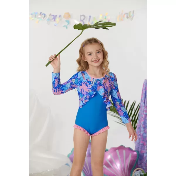 GRACE KARIN Girls One Piece Swimsuit Long Sleeve Rash Guard with Ruffled Zip Up Girls Bathing Suit with Sun Protection 512YBluepink Leaf