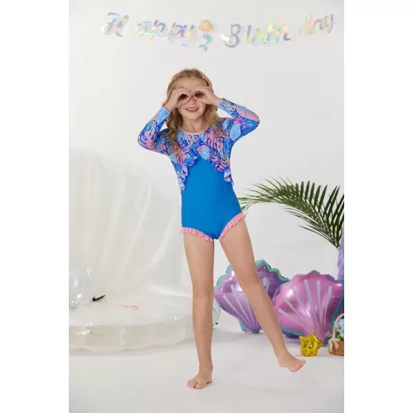 GRACE KARIN Girls One Piece Swimsuit Long Sleeve Rash Guard with Ruffled Zip Up Girls Bathing Suit with Sun Protection 512YBluepink Leaf