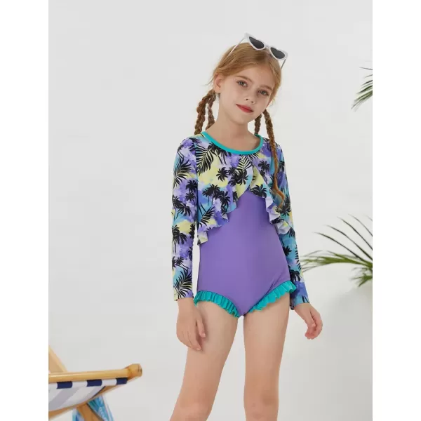 GRACE KARIN Girls One Piece Swimsuit Long Sleeve Rash Guard with Ruffled Zip Up Girls Bathing Suit with Sun Protection 512YCoconut Grove