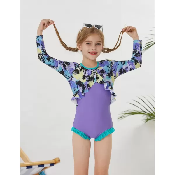 GRACE KARIN Girls One Piece Swimsuit Long Sleeve Rash Guard with Ruffled Zip Up Girls Bathing Suit with Sun Protection 512YCoconut Grove