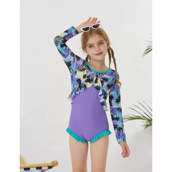 GRACE KARIN Girls One Piece Swimsuit Long Sleeve Rash Guard with Ruffled Zip Up Girls Bathing Suit with Sun Protection 512YCoconut Grove