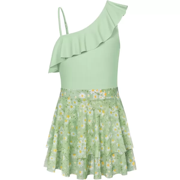 GRACE KARIN Girls One Piece Swimsuits with Mesh Skirt Bathing Suit Swimwear 612YGreen