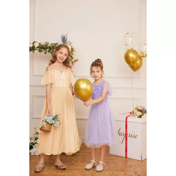 GRACE KARIN Girls Party Dress Off Shoulder Fancy Tulle Formal Long Sequin Dress for Girl 512Champagne