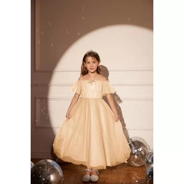 GRACE KARIN Girls Party Dress Off Shoulder Fancy Tulle Formal Long Sequin Dress for Girl 512Champagne